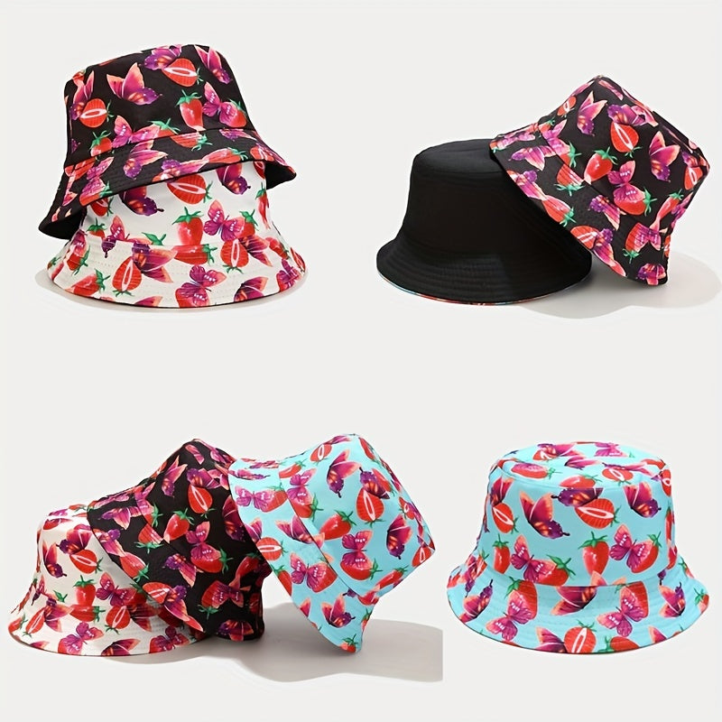 Strawberry Butterfly Print Bucket Hat Reversible Cartoon Fisherman Cap