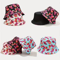 Strawberry Butterfly Print Bucket Hat Reversible Cartoon Fisherman Cap