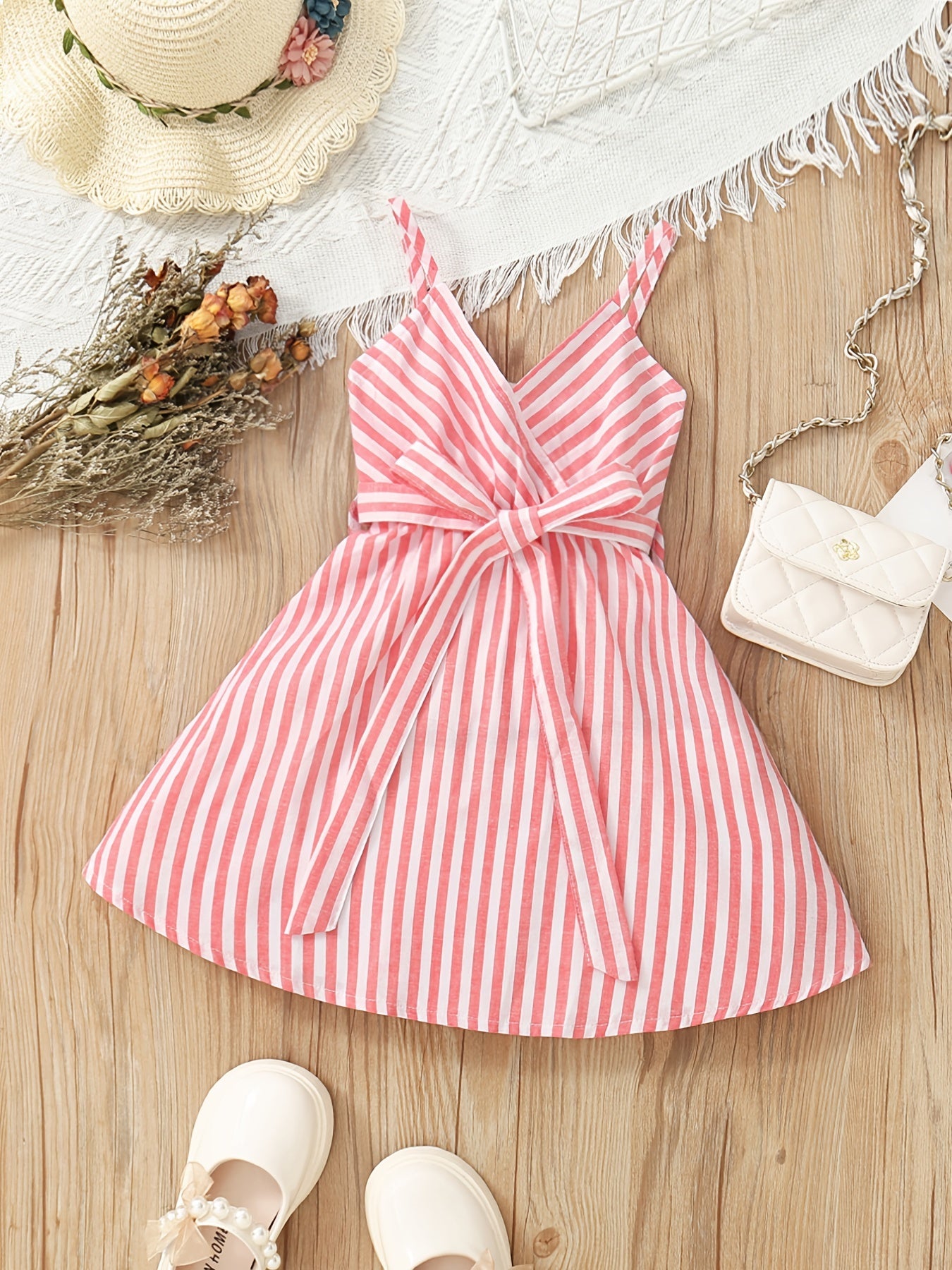 Girls Striped V-Neck Dress With Belt