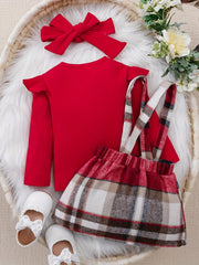 2PCS Toddler Baby Girl Outfit Long Sleeve Tops & Plaid Suspender Dress Set