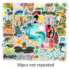 50pcs Hawaii Pattern Waterproof Stickers for Water Bottles Laptop Luggage