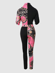 Casual Contrast Print Two piece Set Long Sleeve Shirt & High Waist Pants