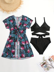 3 Pack Plus Size Vacay Swimsuit Set Women's Plus Bikini & Cover Up 3 Piece Set