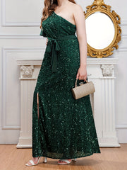 Glitter Sequin One Shoulder Split Maxi Party Dress