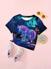 3D Unicorn & Butterfly Graphic Short Sleeve T shirt For Girls Summer Gift