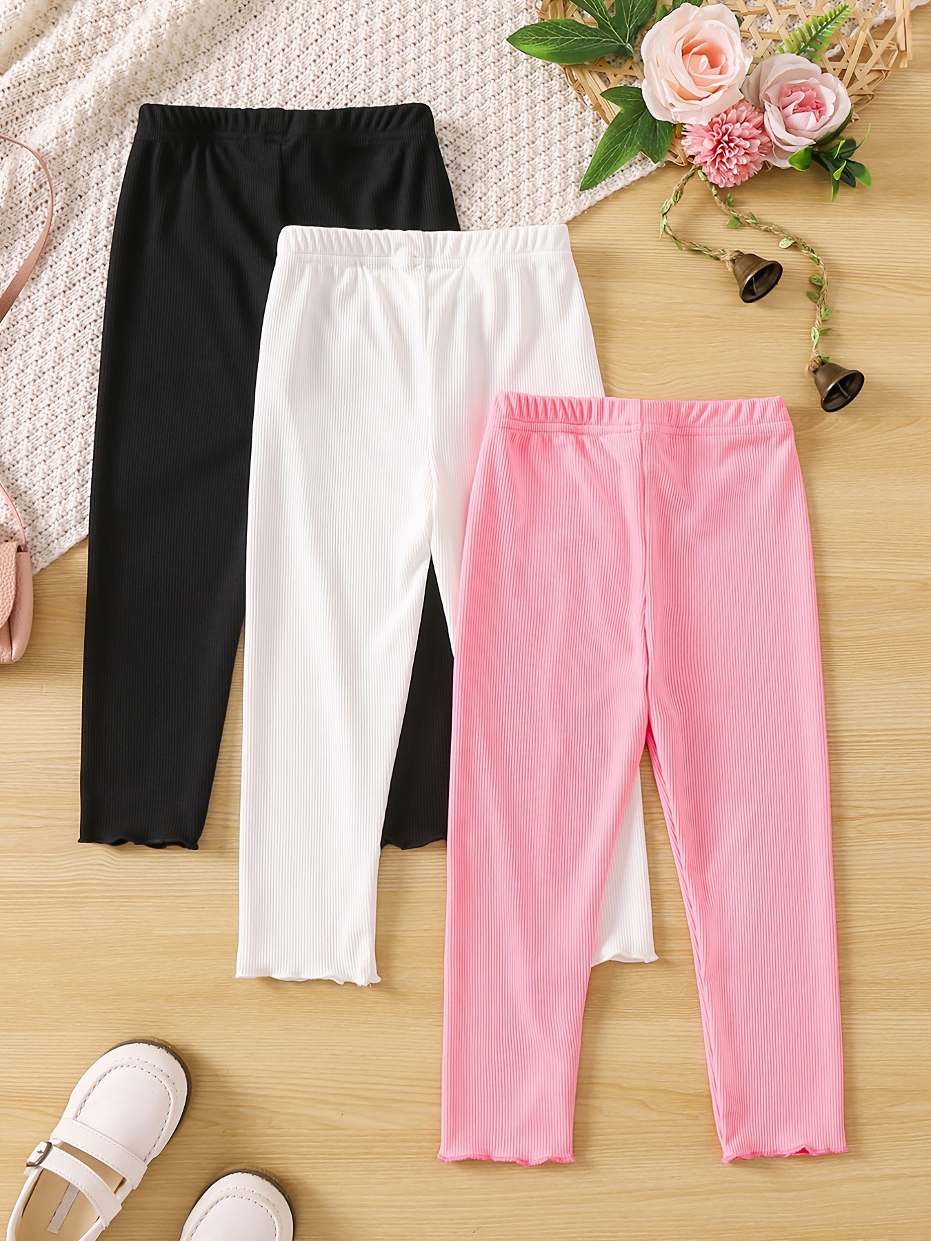 3pcs Girls Ribbed Leggings Set Kids Casual Tights Pants