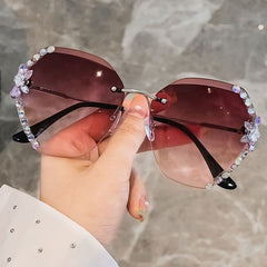 Oversized Rhinestone Sunglasses Gradient Lens Rimless Eyewear