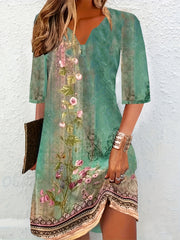 Vintage Floral Print Dress with Notched Neck
