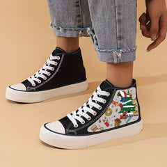 Christmas Print Flat Chunky Canvas Sneakers High Top Classic Skate Shoes
