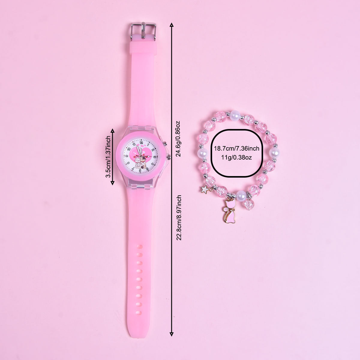 2pcs Girls' Cat Watch Set with Soft Silicone Strap & Beaded Bracelet