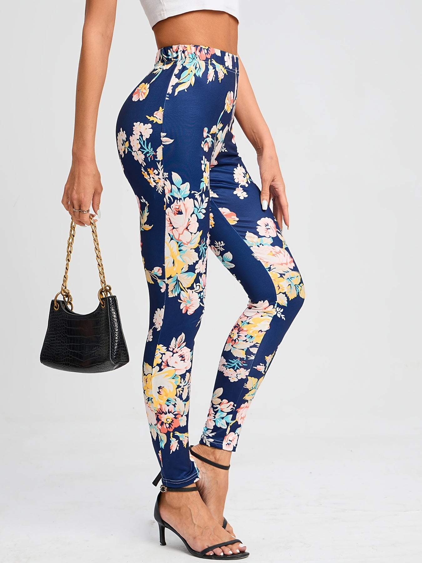 Vintage Floral Print Leggings High Waist Slim Long Length Leggings