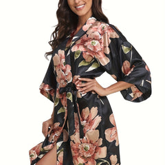 Floral Print V-Neck Night Robe With Belt