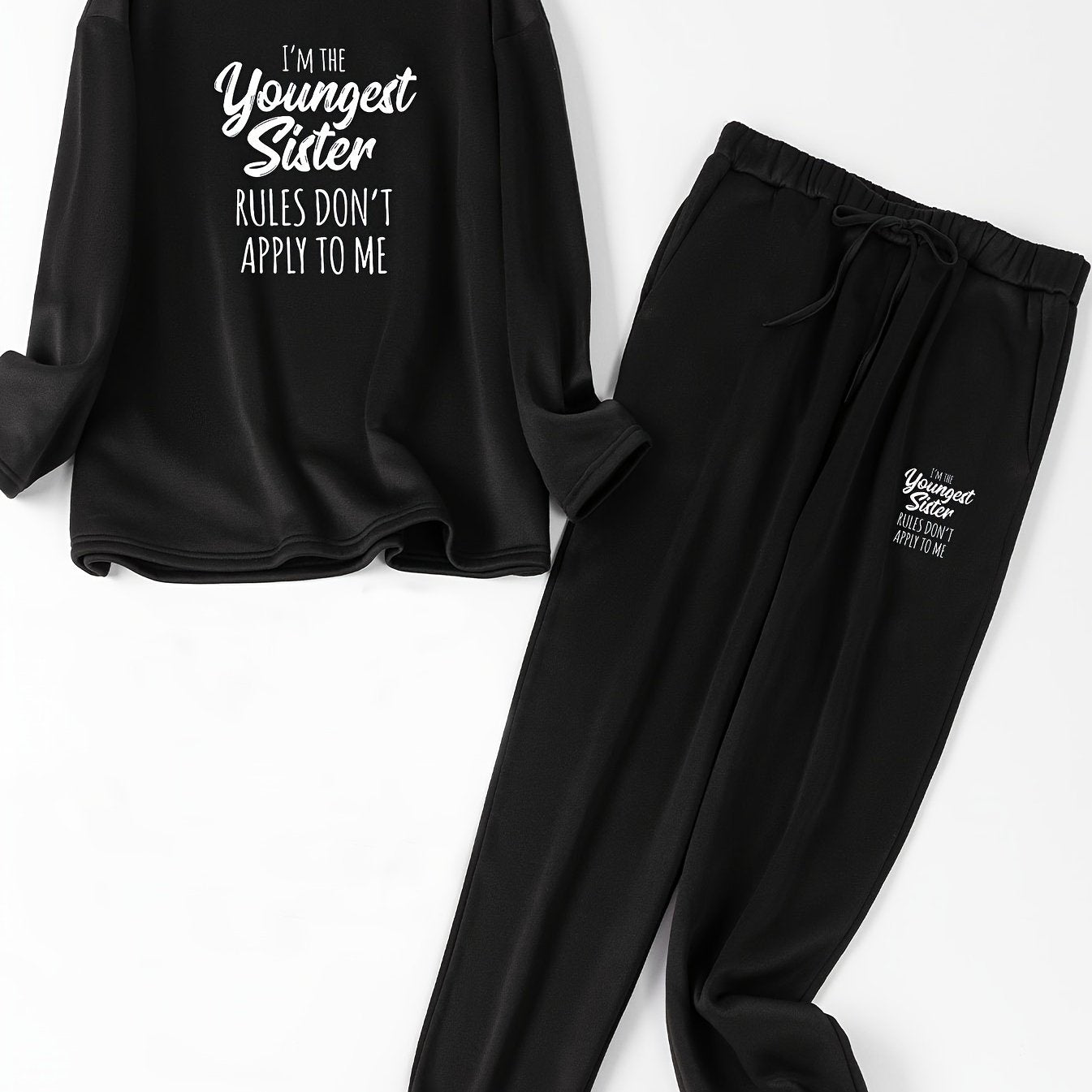 Slogan Print Fleece Top & Tie Joggers Pajama Set
