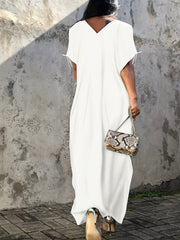 V Neck Cover Up Dress Loose Fit Tie Side Solid Beachwear Kaftan Women's Swimwear