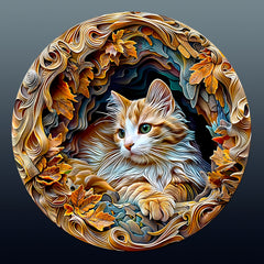 Cat Shaped Wooden Jigsaw Puzzle with Autumn Leaves Art