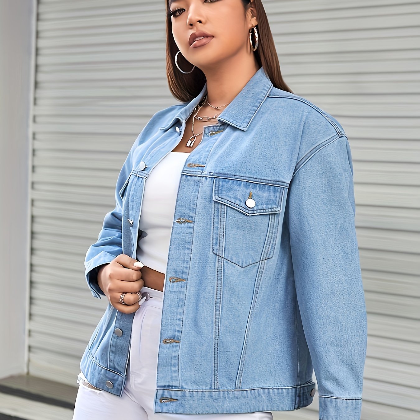 Casual Denim Jacket Women's Long Sleeve Lapel Collar Denim Jacket
