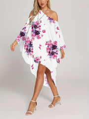 Floral Print Cover Up Dress One Shoulder Asymmetrical Neck Rash Guard Kaftan