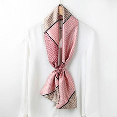 Pink Geometric Print Satin Ribbon Long Small Silk Scarf