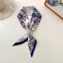 Purple Flower Print Skinny Scarf Vintage Long Ribbon Neckerchief