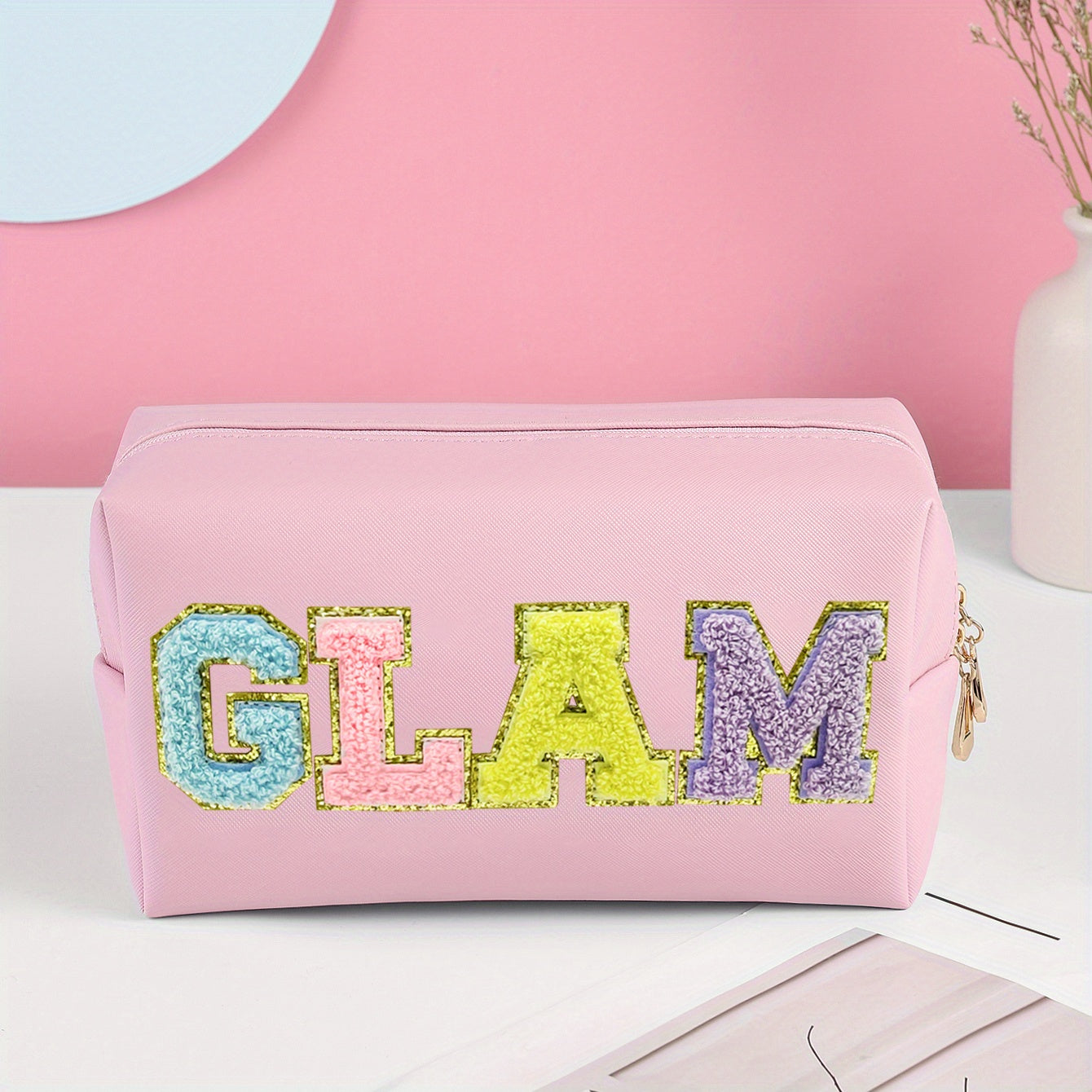 Preppy Patch Cosmetic Bag PU Leather Makeup Zipper Pouch