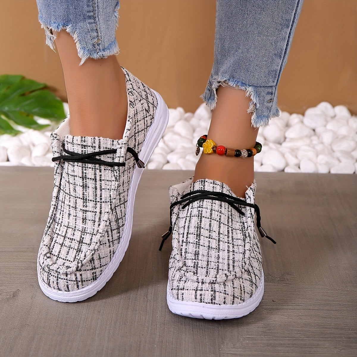 Women's Plaid Canvas Slip On Loafers Casual Flat Walking Shoes