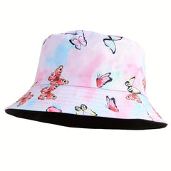 Pink Butterfly Bucket Hat Lightweight Tie Dye Sunscreen Fisherman Cap