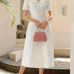 Solid High Waist V Neck Midi Dress Short Sleeve