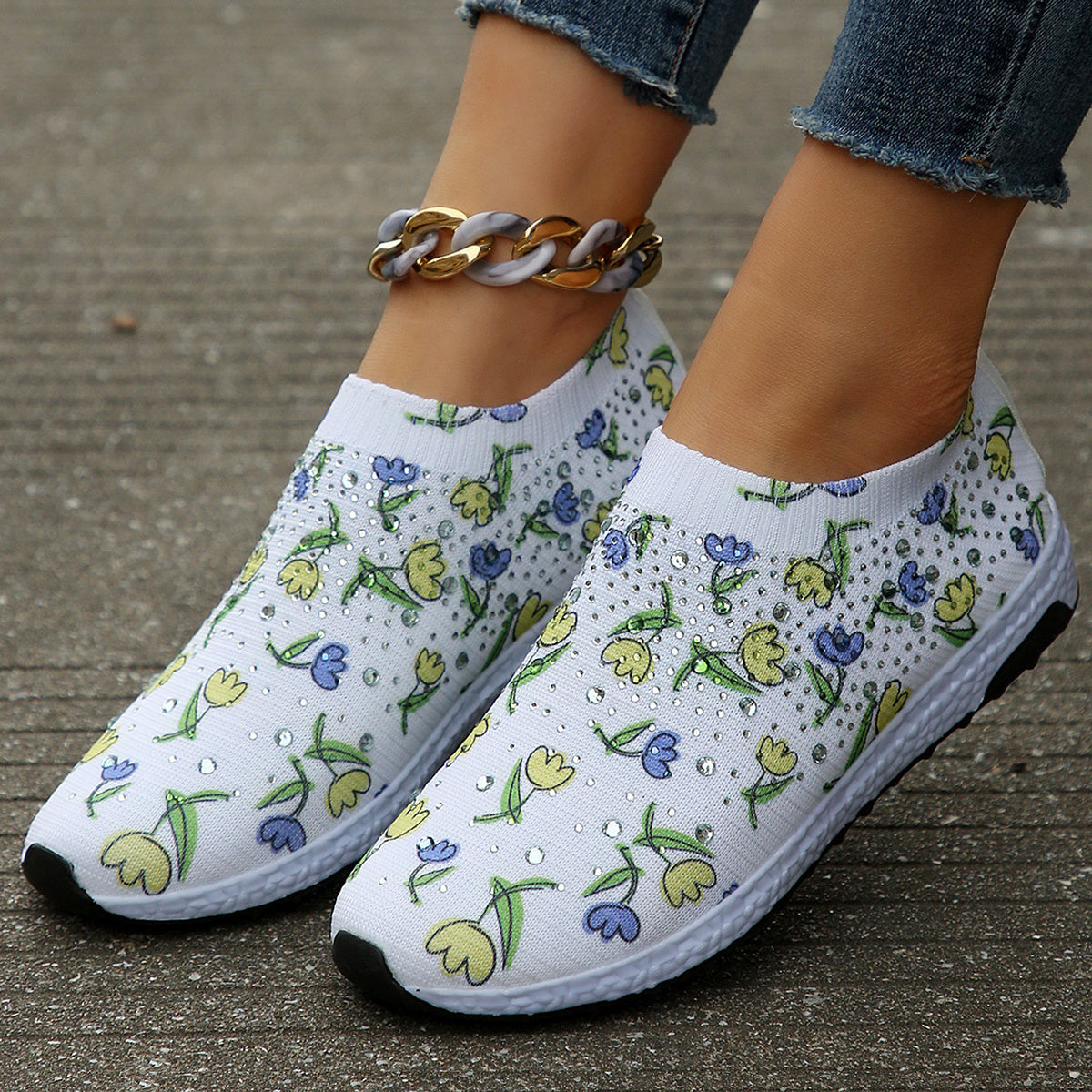 Women's Floral Rhinestone Running Shoes - Lightweight Sport Sneakers