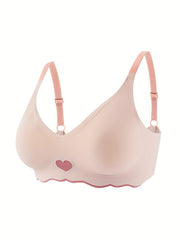 Heart Print Wireless Bra Comfy & Soft Scallop Trim Everyday Bra