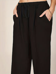 Solid Drawstring Wide Leg Pants for Women