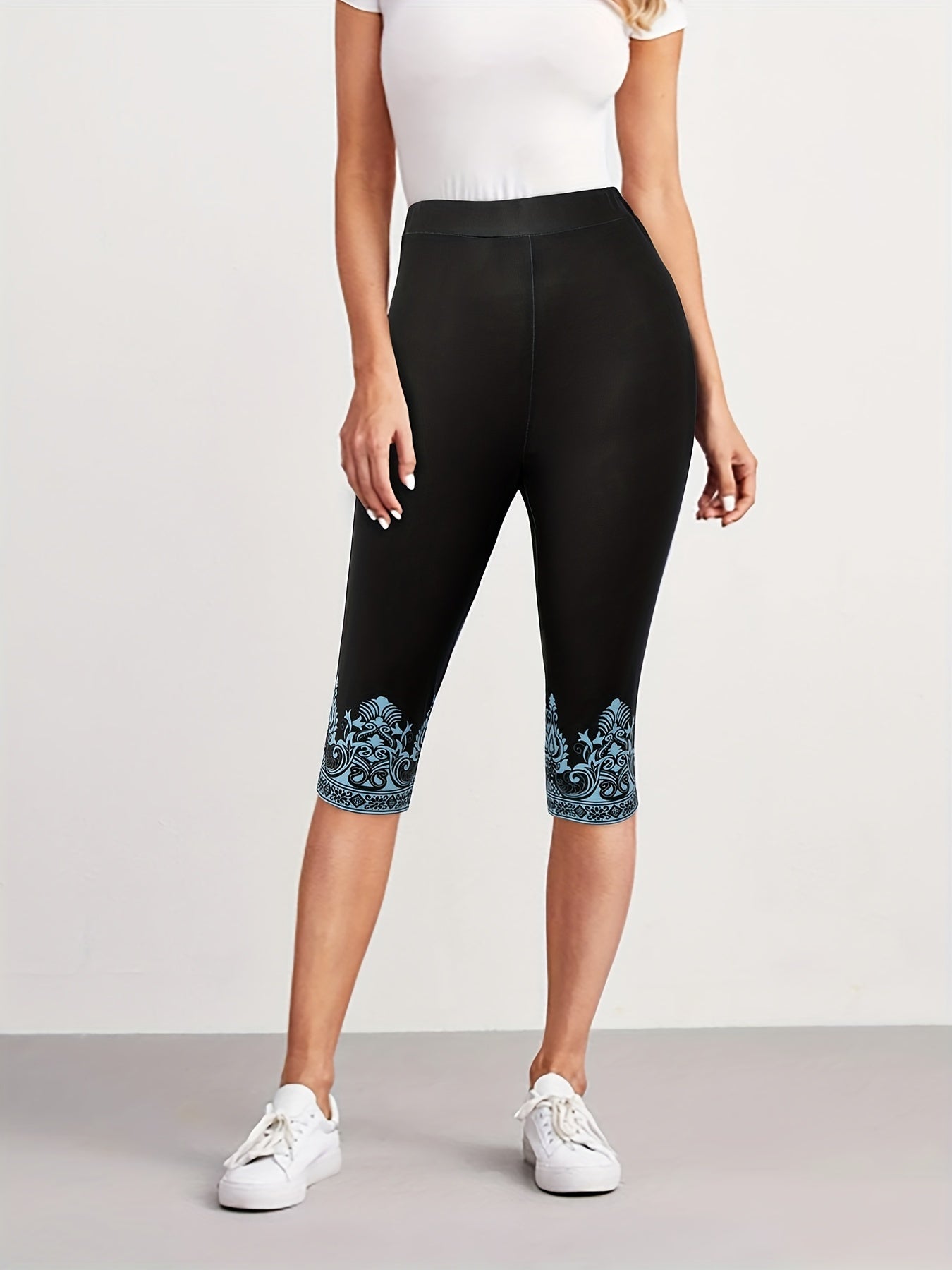 Graphic Print High Waist Cropped Leggings Skinny Casual Leggings