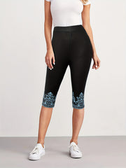 Graphic Print High Waist Cropped Leggings Skinny Casual Leggings