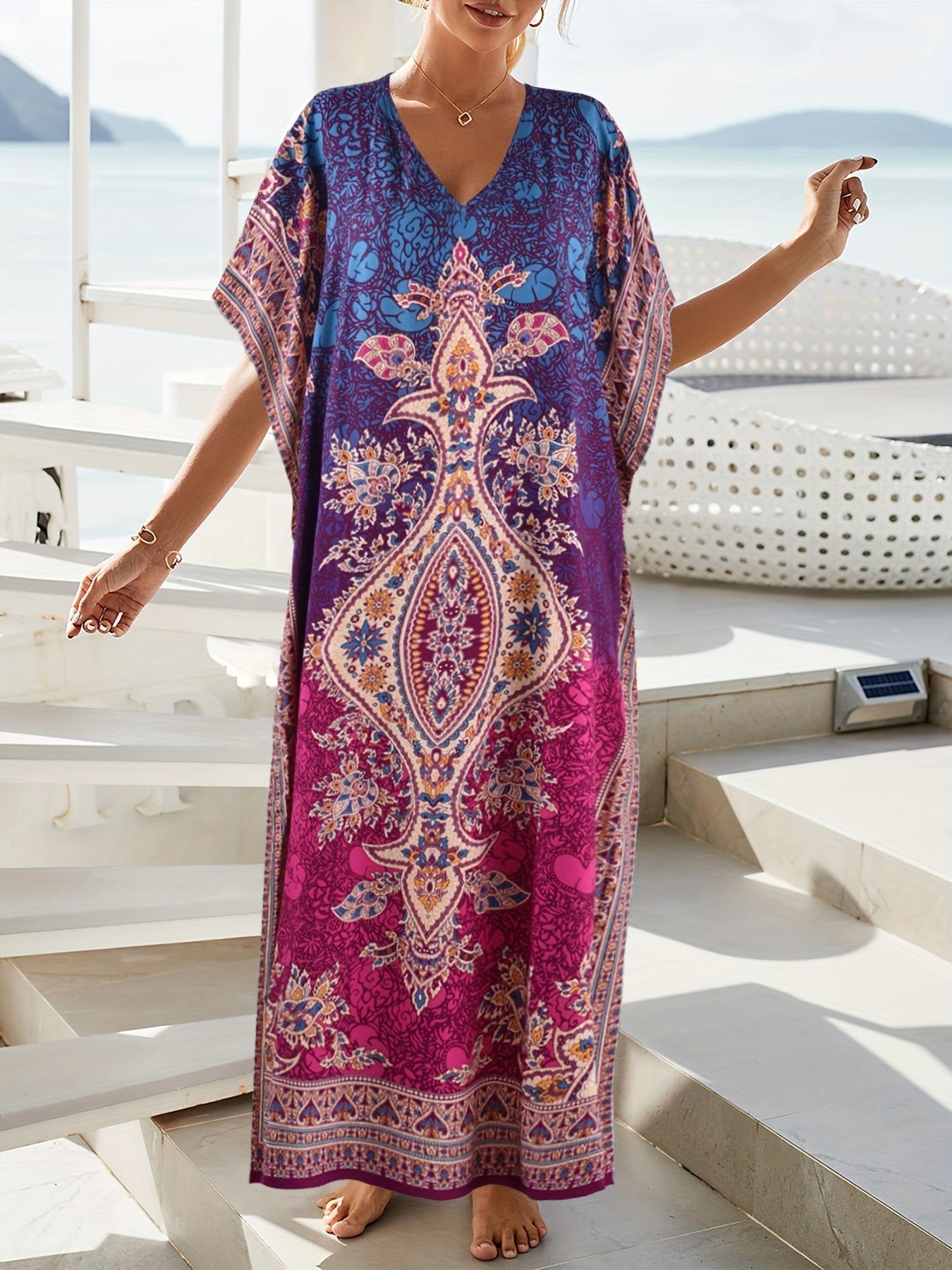 Boho Kaftan Dress Women's Tribal Print V Neck Maxi Beachwear