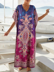 Boho Kaftan Dress Women's Tribal Print V Neck Maxi Beachwear