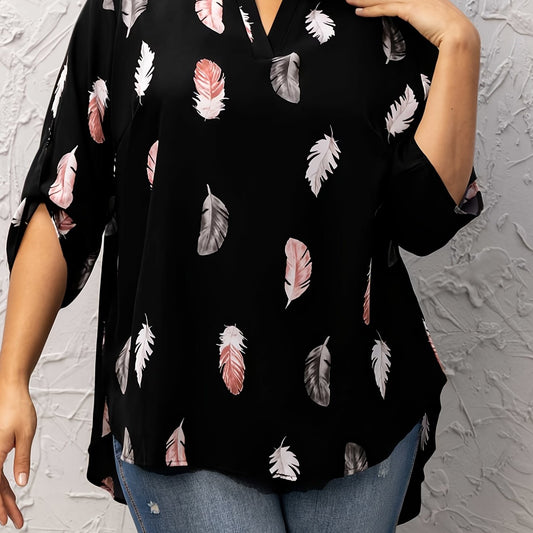 Casual Blouse Women's Plus Feather Print Long Sleeve