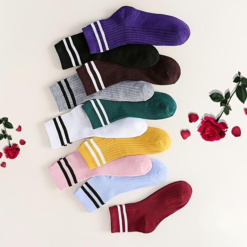 10pairs Mixed Ribbed Striped Crew Socks Women's Stockings & Hosiery