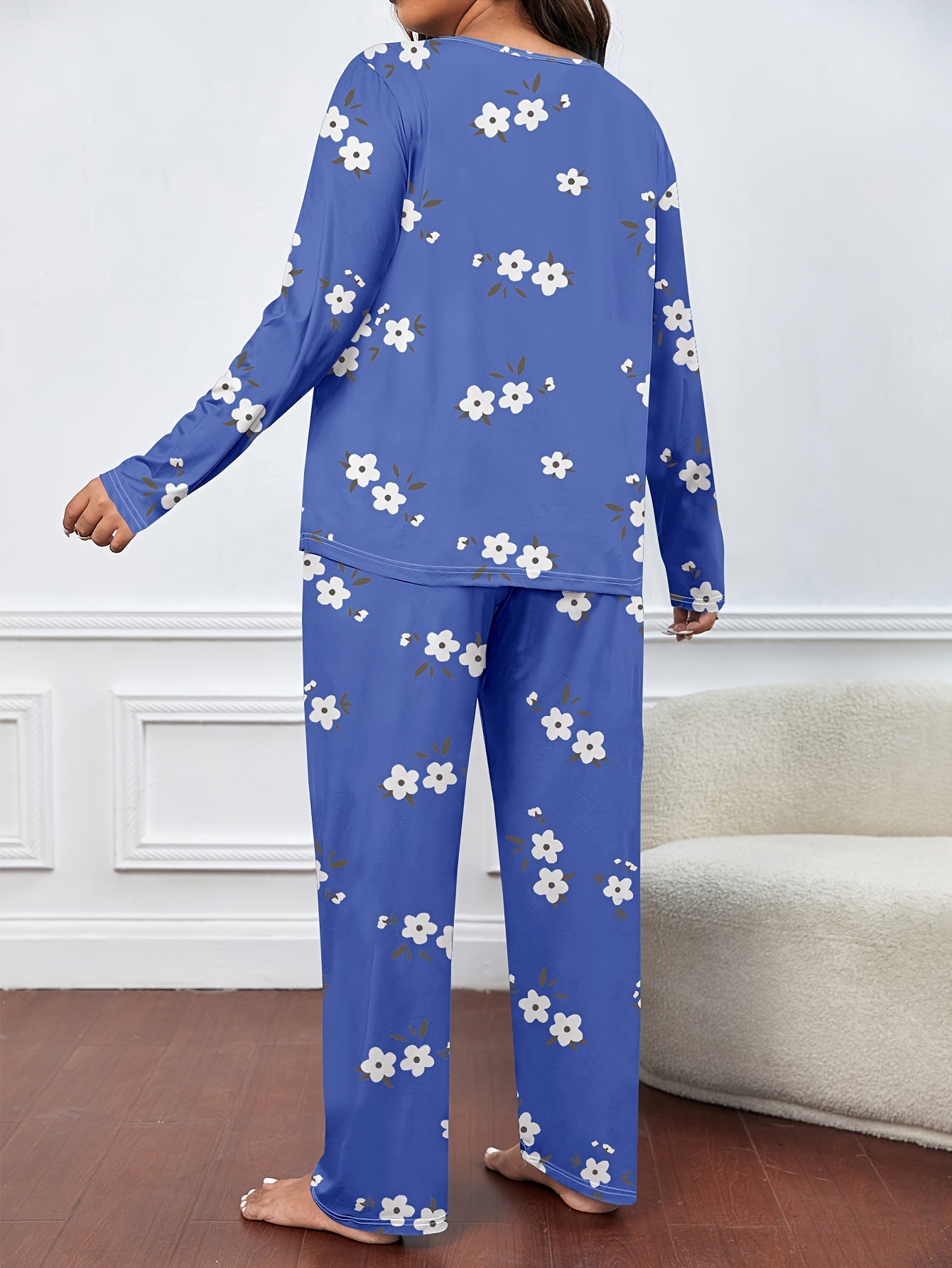 Floral Print Plus Size Pajamas Set Long Sleeve Tee & Pants Lounge 2 Piece