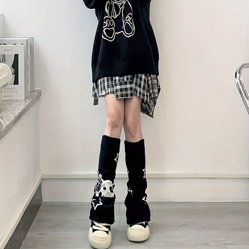 Skull & Star Print Leg Warmers Y2K Knee High Socks Women's Stockings