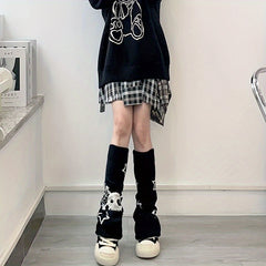 Skull & Star Print Leg Warmers Y2K Knee High Socks Women's Stockings