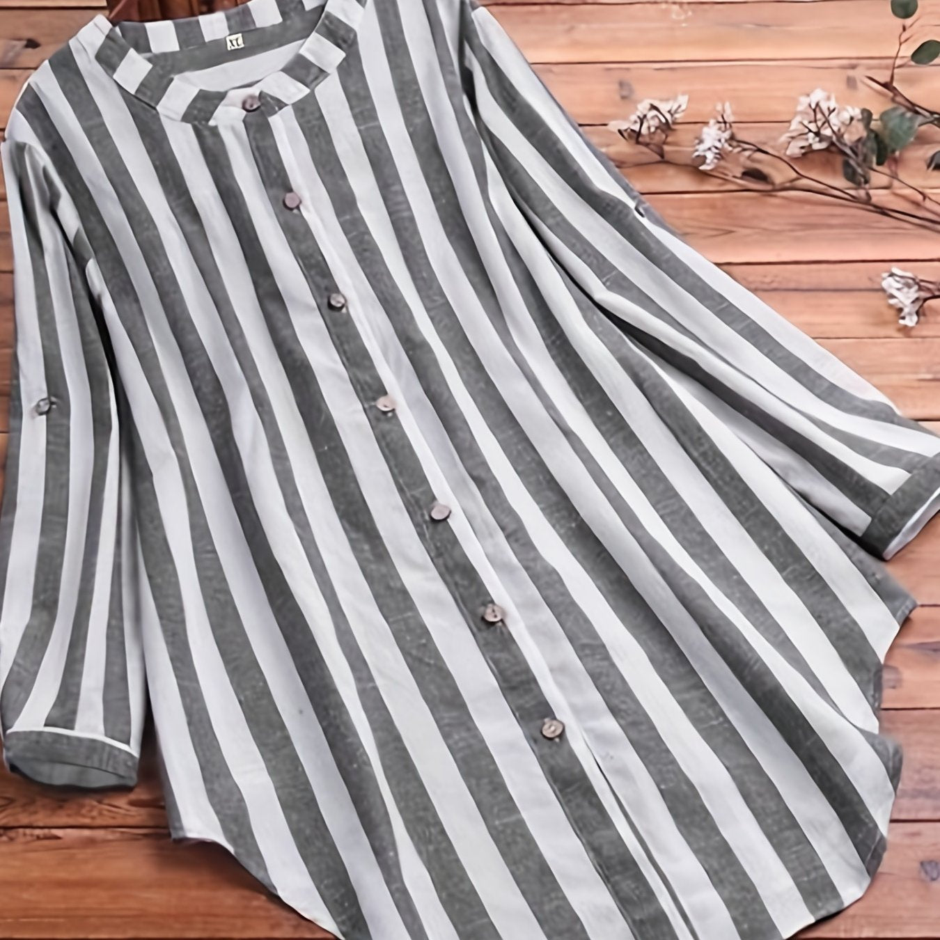 Plus Stripe Print Button Up Round Neck Long Sleeve Blouse