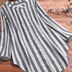 Plus Stripe Print Button Up Round Neck Long Sleeve Blouse