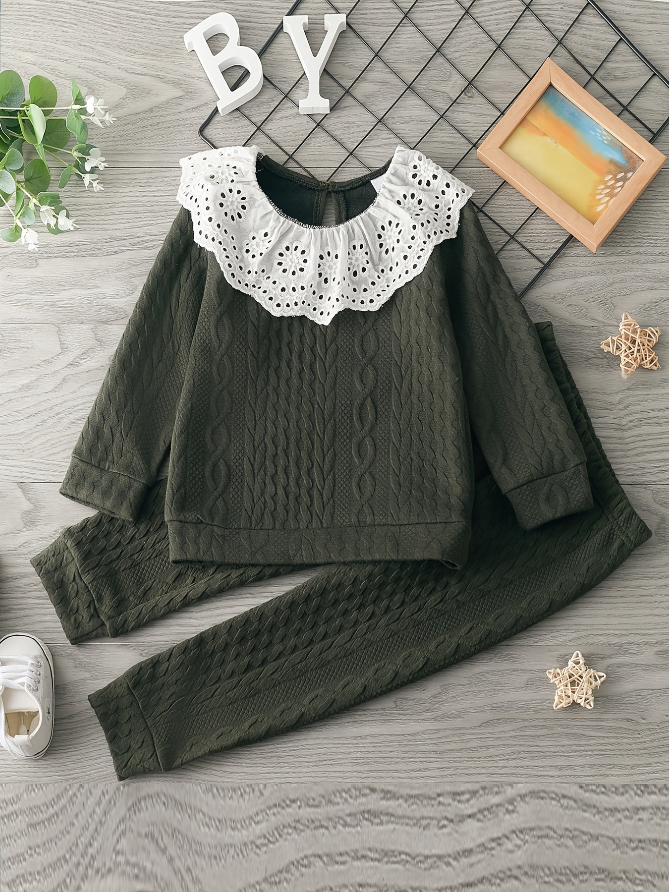 Girls Lace Trim Long Sleeve Sweatshirt & Jogger Pants Set