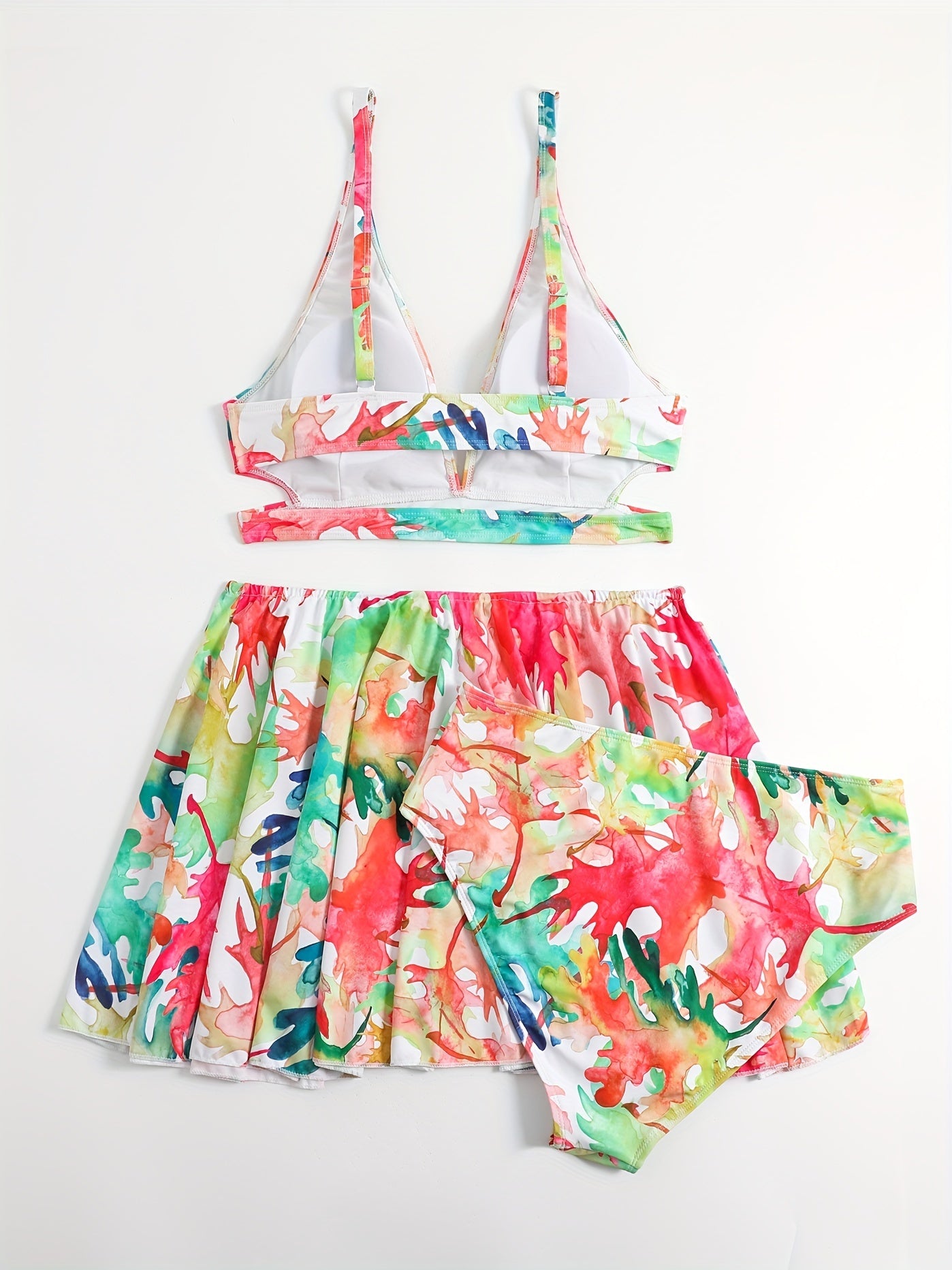 Vacay Swimsuit Set Allover Print Bra Panty Skirt 3pc Set