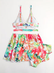 Vacay Swimsuit Set Allover Print Bra Panty Skirt 3pc Set