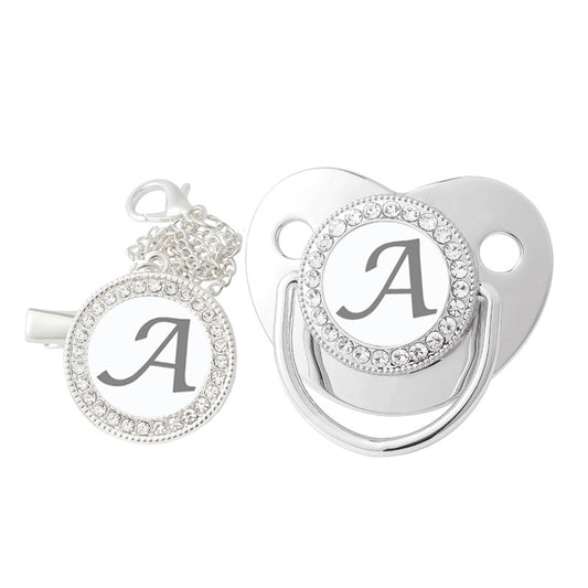 Silver Rhinestone Baby Letter Pacifier Nursing Mouth with Chain Clip