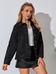 Long Sleeve Denim Jacket Flap Pockets Slim Fit Women's Coats