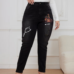 Goth Jeans Women's Plus Butterfly & Skull Print Ripped High Rise Jeans