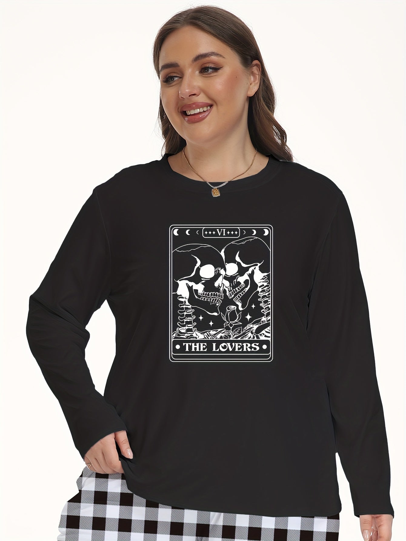Women's Plus Size Skull Print Long Sleeve Pajama Top