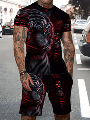 Lion 3d Pattern Men's 2 Piece Outfits Short Sleeve T-shirt And Shorts Set