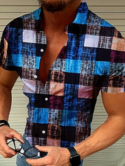 Men's Plaid Print Short Sleejsons Closure Summer Hawaii Shirt